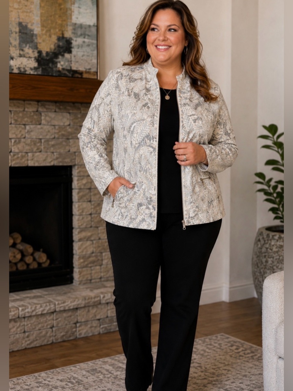 Chico’s Platinum Abstract Print Zip Jacket Size XL